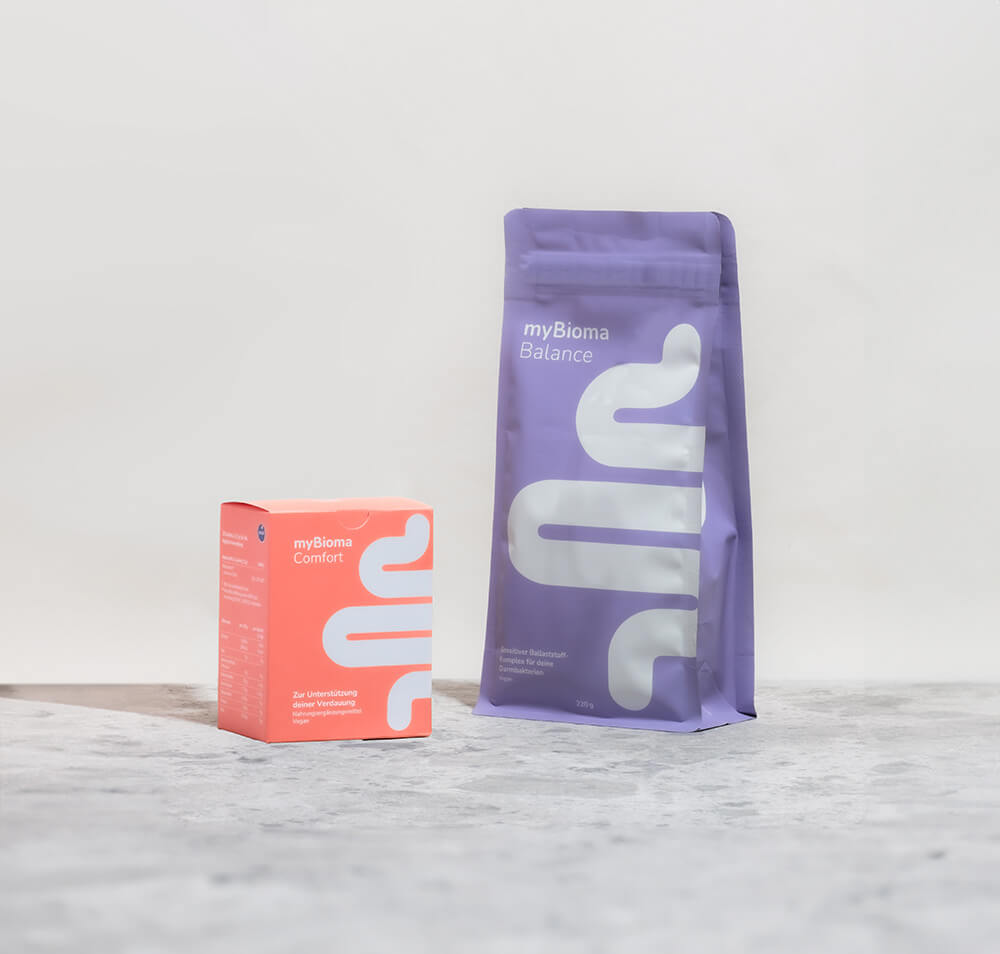 Packungen von den myBioma Produkten "Balance" und "Comfort".