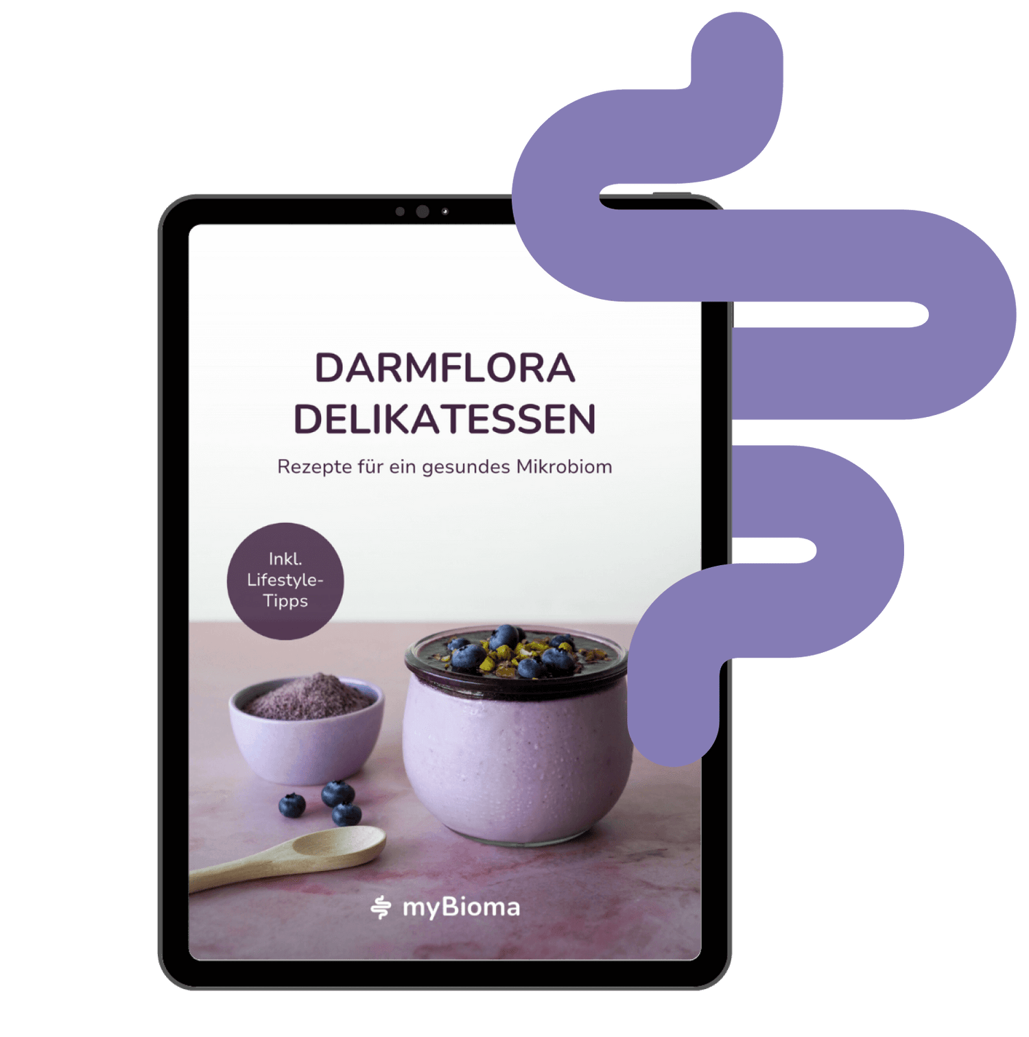 Tablett, das das E-Book „Darmflora Delikatessen. Rezepte für ein gesundes Mikrobiom inklusive Lifestyle-Tipps“ zeigt.