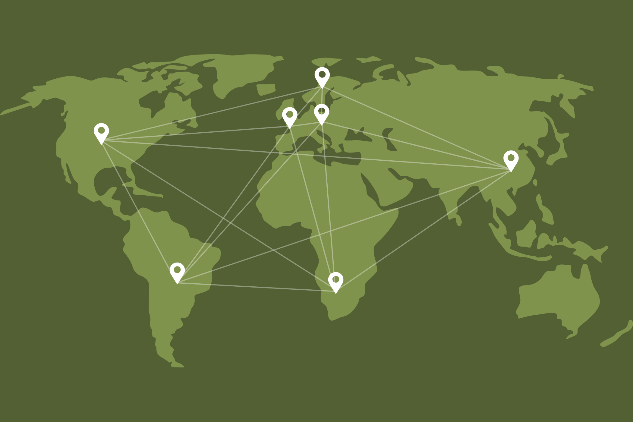Weltkarte, auf der die Standorte der myBioma Partner eingezeichnet sind. Markiert sind Länder in Nord- und Südamerika, Europa, Afrika und Asien.