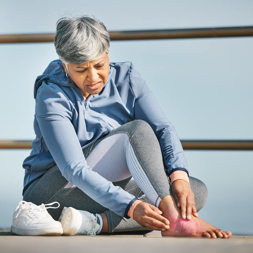 woman in sports cloths sitting on the floor touching her hurting inflamed ankle
