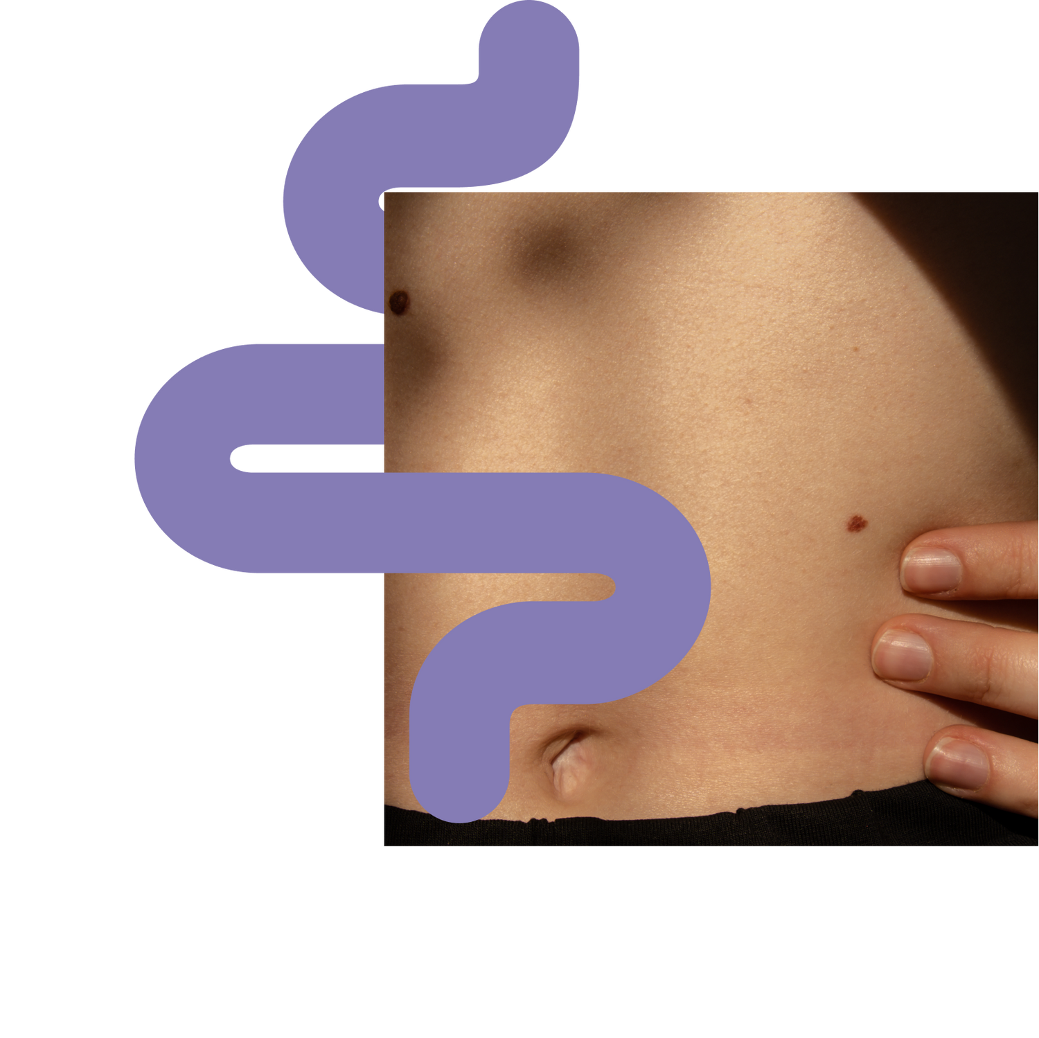 Ein ästhetischer Bauch mit dem myBioma Logo in der Lila Farbe vom Präbiotikum im Vordergrund